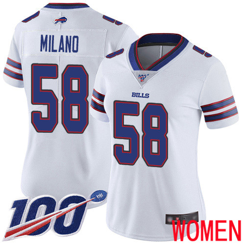 Women Buffalo Bills #58 Matt Milano White Vapor Untouchable Limited Player 100th Season NFL Jersey